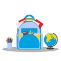 School backpack with all items and stationery, a globe and a glass with pencils.